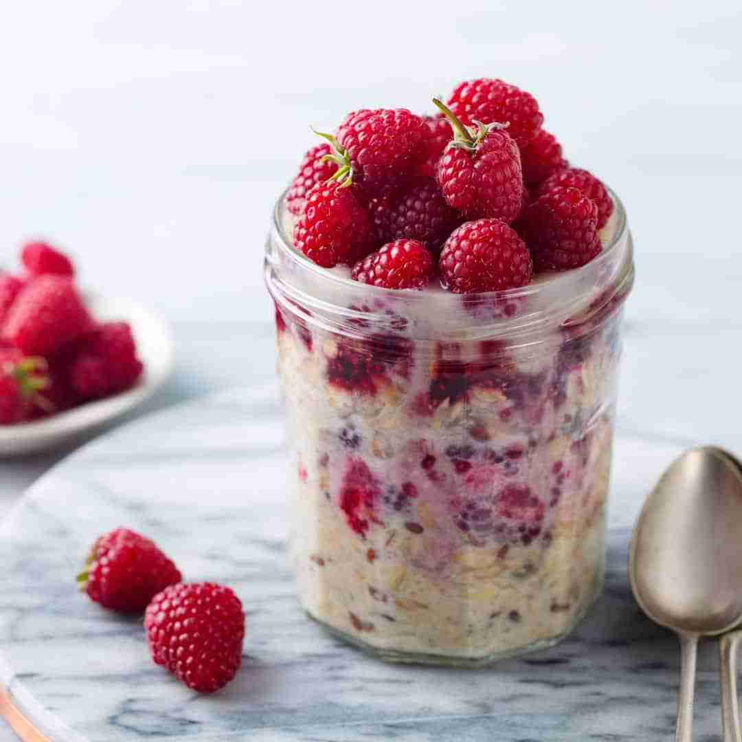 Plant based Bircher Muesli with Raspberry, Apple, Oats & Plant Based Milk
